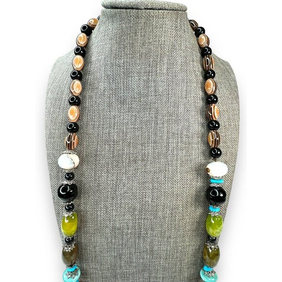Long Stone Bead Necklace Mixed Gemstones and Glass 30" Boho Beaded Statement - Picture 5 of 16